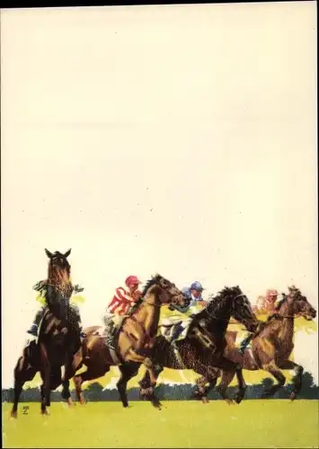 Künstler Ak Hohlwein, Ludwig, Hoppegarten, Vollblutpferde, Jockeys, Pferderennen