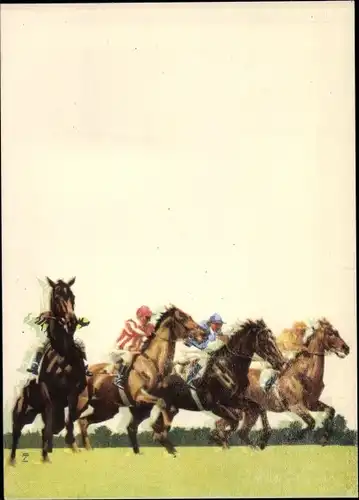 Künstler Ak Hohlwein, Ludwig, Hoppegarten, Vollblutpferde, Jockeys, Pferderennen