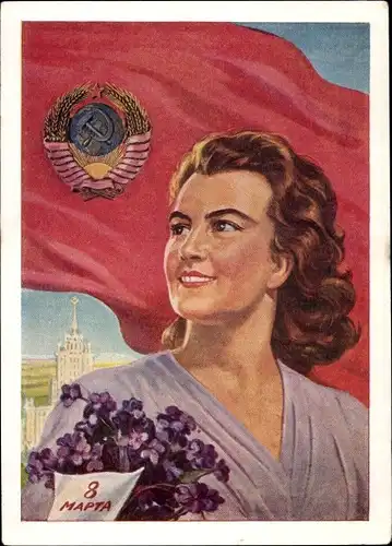 Ganzsachen Künstler Ak Glückwunsch zum 8. März, russischer Frauentag, Flagge