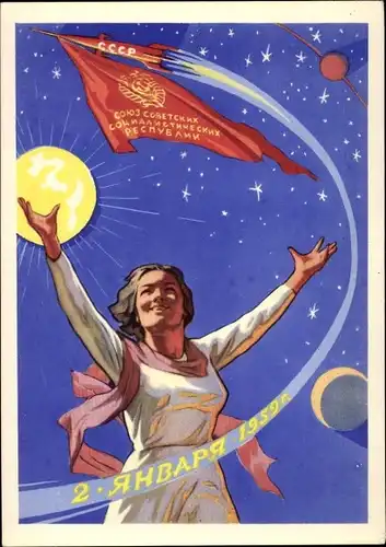 Künstler Ak Sowjetische Raumfahrt, Januar 1959, Mondsonde Lunik 1