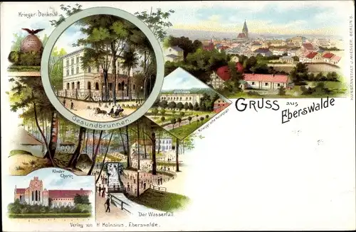 Litho Eberswalde Barnim, Gesundbrunnen, Wasserfall, Kloster Chorin, Kuranstalt, Kriegerdenkmal