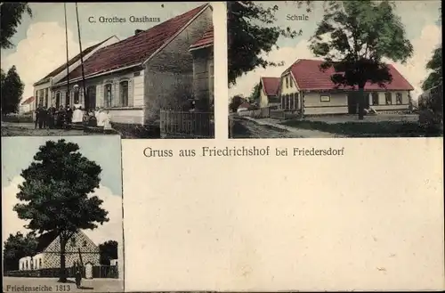 Ak Friedrichshof Dannenreich Heidesee in der Mark, Gasthaus C. Grothe, Schule, Friedenseiche