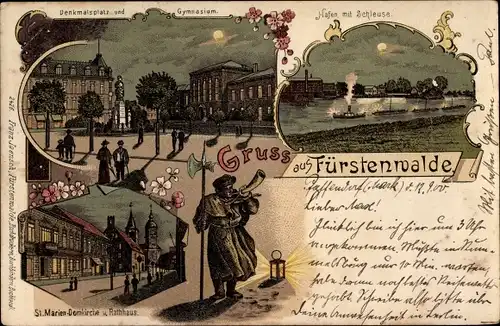 Litho Fürstenwalde an der Spree, Denkmalsplatz, Gymnasium, Hafen, Schleuse, St. Marien Domkirche