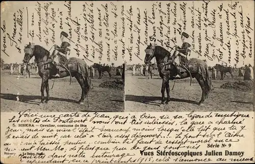 Stereo Ak Biskra Algerien, Cavalier, costume de fete, Maghreb