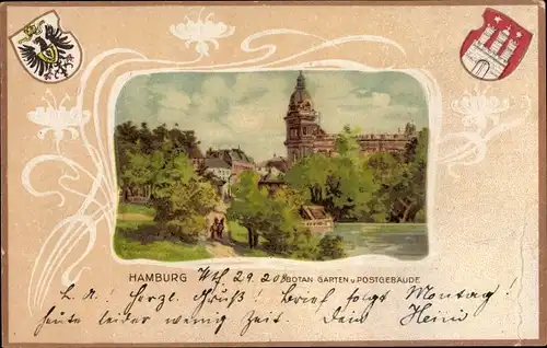 Präge Wappen Litho Hamburg, Botanischer Garten und Postgebäude