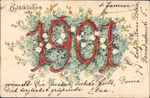 Präge Litho Glückwunsch Neujahr, Jahreszahl 1901, Vergissmeinnicht