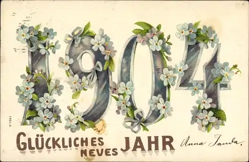 Litho Glückwunsch Neujahr, Jahreszahl 1904, Vergissmeinnicht