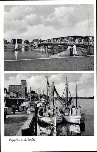 Ak Kappeln an der Schlei, Brücke, Fischerboote im Hafen