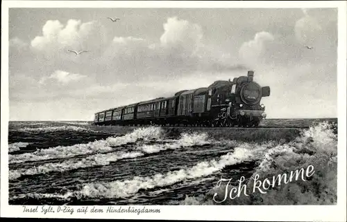 Ak Nordseebad Westerland auf Sylt, Lokomotive auf dem Hindenburgdamm