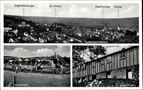 Ak Tauberbischofsheim in Baden Württemberg, Panorama, Schwimmbad, Jugendherberge, Kirche, Türmle