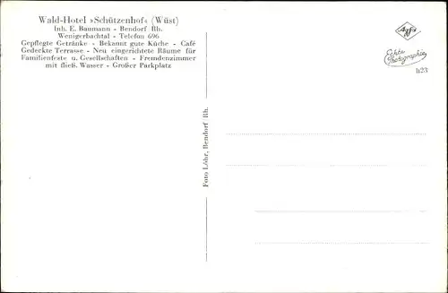 Ak Bendorf am Rhein, Waldhotel Schützenhof, Inh. E. Baumann, Wenigerbachtal