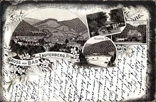 Litho Bad Lauterberg im Harz, Felsenkeller, Wiesenbeker Teich, Totalansicht, Kurquelle