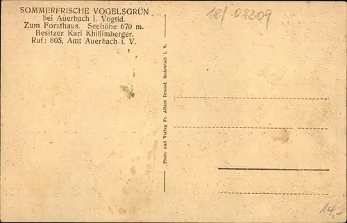 Ak Vogelsgrün Auerbach im Vogtland, Gasthaus Vogelsgrün, Innenansicht, Zum Forsthaus