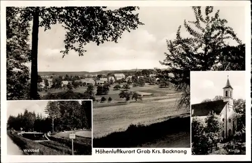 Ak Grab Großerlach in Baden Württemberg, Waldbad, Kirche, Panorama