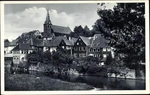 Ak Kettwig Essen im Ruhrgebiet, Kirche, Wohnhäuser, Uferpartie