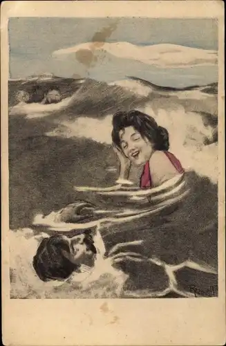 Künstler Ak Badende in der Meeresbrandung, Simplicissimus Serie II No. 12