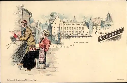 Litho Nürnberg in Mittelfranken Bayern, Fleischbrücke, Hauptmarkt