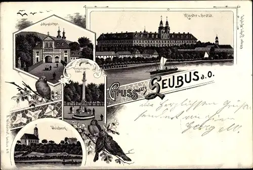 Litho Lubiąż Leubus an der Oder, Johannistor, Kloster, Gestüt, Dreifaltigkeitssäule, Weinberg