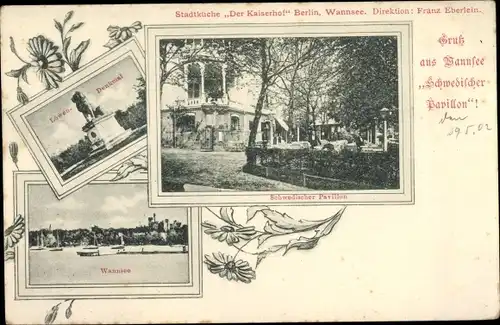 Ak Berlin Zehlendorf Wannsee, Löwen Denkmal, Schwedischer Pavillon, Wannsee