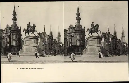 Stereo Ak Antwerpen Anvers Flandern, Statue Leopold
