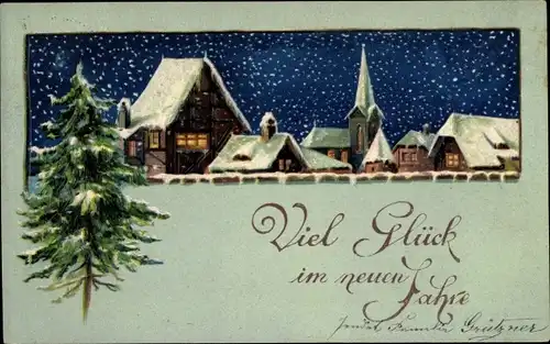 Präge Ak Glückwunsch Neujahr, Stadtpartie, Schnee, Tannenbaum