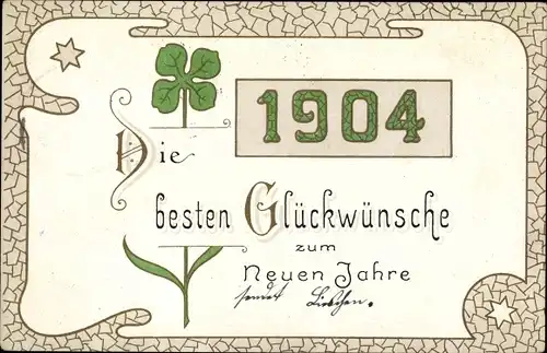 Litho Glückwunsch Neujahr, Jahreszahl 1904, Kleeblatt, Sterne