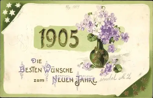 Präge Litho Glückwunsch Neujahr, Jahreszahl 1905, Blumenvase