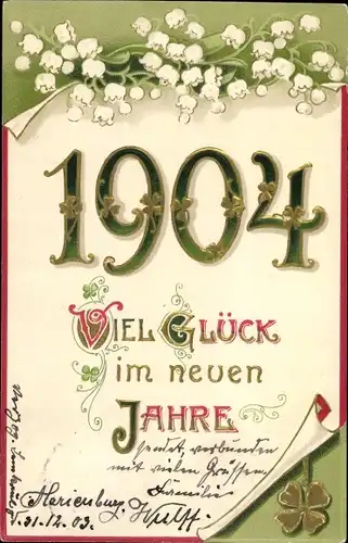 Präge Litho Glückwunsch Neujahr, Jahreszahl 1904, Maiglöckchen, Kleeblatt