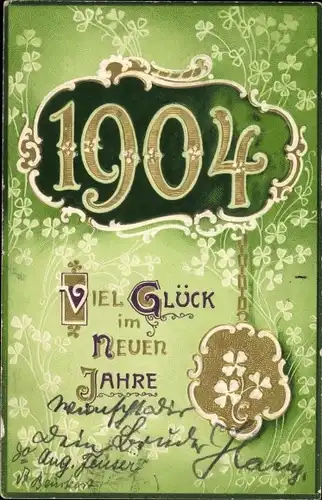 Präge Litho Glückwunsch Neujahr, Jahreszahl 1904, Kleeblätter