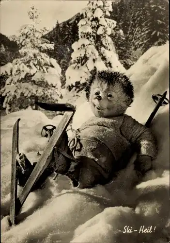 Ak Mecki der Igel beim Skifahren, Ski Heil, Sturz, gebrochener Ski, Schnee, Winter