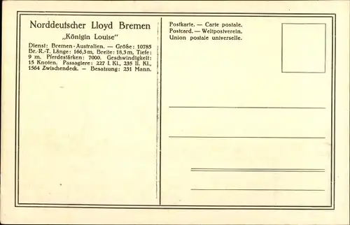 Ak Doppelschrauben-Salondampfer Königin Louise, Norddeutscher Lloyd