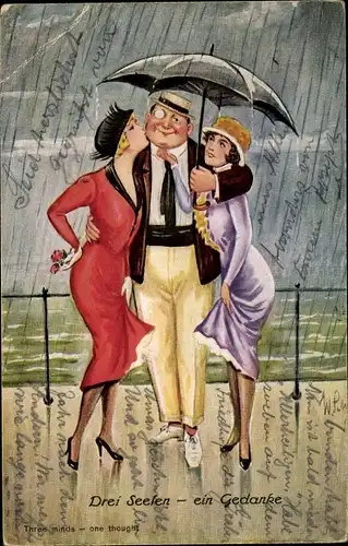 Künstler Ak Mann mit zwei Frauen, Regenwetter, Drei Seelen-ein Gedanken