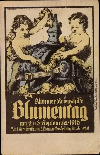 Künstler Ak Hamburg Altona, Blumentag, Kriegshilfe, Pickelhaube, Blumenschmuck