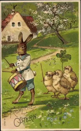 Ak Glückwunsch Ostern, Osterhase mit Trommel, Küken
