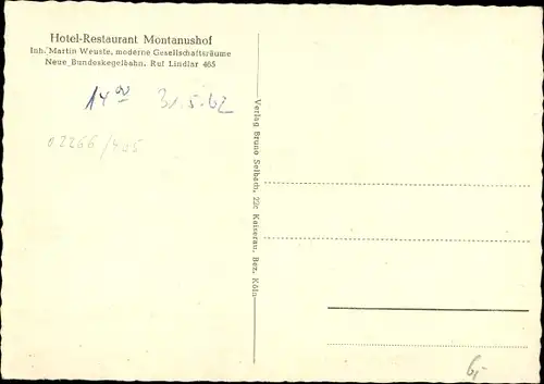 Ak Frielingsdorf Lindlar im Oberbergischen Kreis, Hotel Restaurant Montanushof, Inh. Martin Weuste