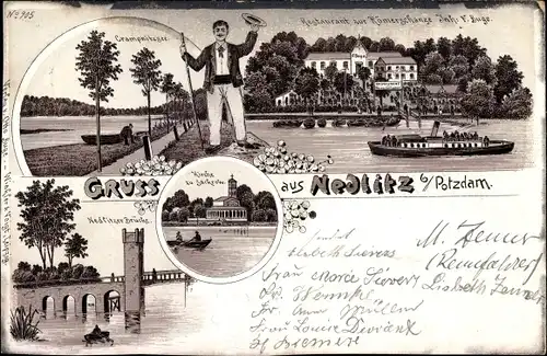 Litho Nedlitz Potsdam in Brandenburg, Restaurant zur Römerschanze, Kirche, Crampnitzsee