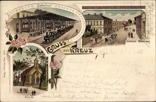 Litho Krzyż Wielkopolski Kreuz an der Ostbahn Pommern, Strehse's Restaurant, Bahnhof, Kirche