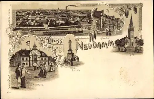 Litho Dębno Neudamm Neumark Ostbrandenburg, Panorama, Kirche, Post, Rathaus, Kriegerdenkmal