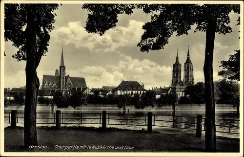 Ak Wrocław Breslau Schlesien, Oderpartie mit Kreuzkirche und Dom