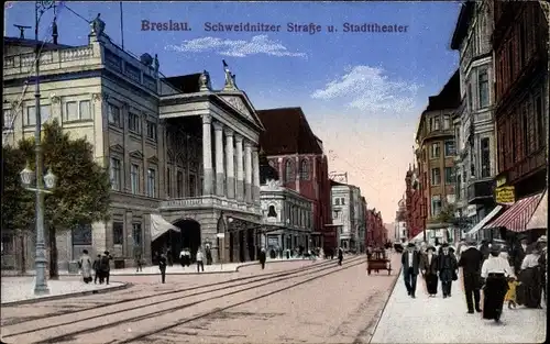 Ak Wrocław Breslau Schlesien, Schweidnitzer Straße und Stadttheater