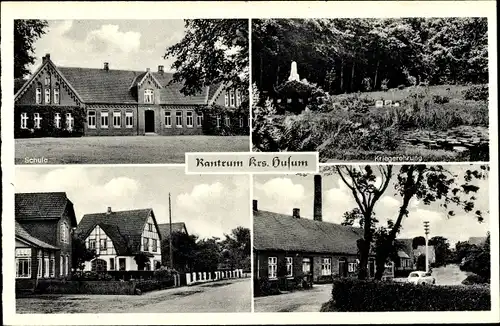 Ak Rantrum in Nordfriesland, Kriegerehrung, Schule, Straßenpartie