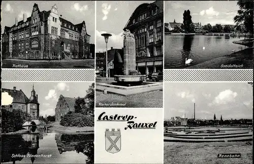 Ak Castrop Rauxel im Ruhrgebiet, Gondelteich, Rathaus, Reiterdenkmal, Rennbahn, Schloss