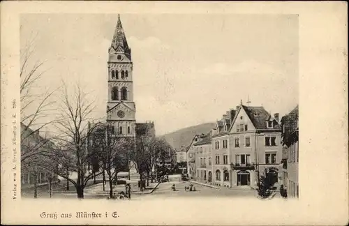 Ak Munster Münster Elsass Haut Rhin, Straßenpartie, Kirche