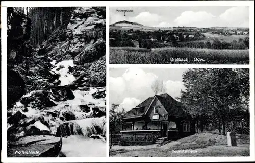 Ak Oberdielbach Waldbrunn im Odenwald, Teilansicht, Wolfsschlucht, Touristenheim