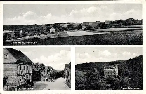 Ak Völkenroth Bell Hunsrück, Gesamtansicht, Straßenansicht, Ruine Balduinseck