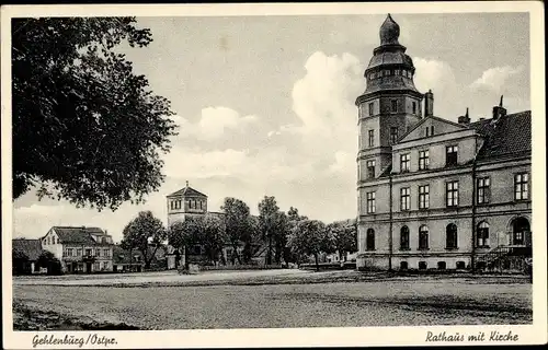 Ak Biała Piska Gehlenburg Bialla Ostpreußen, Rathaus mit Kirche, Häuser