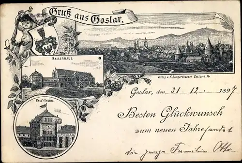 Litho Goslar in Niedersachsen, Kaiserhaus, Pauls Turm, Panorama