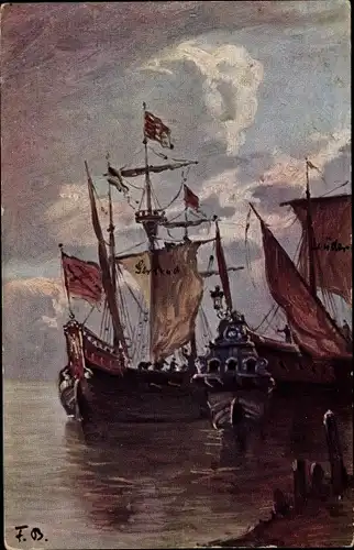 Künstler Ak Segelschiff im Hafen