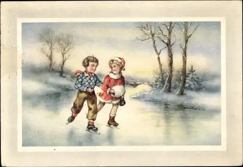 Ak Kinder beim Schlittschuhlaufen, Liebespaar, Amag 3788
