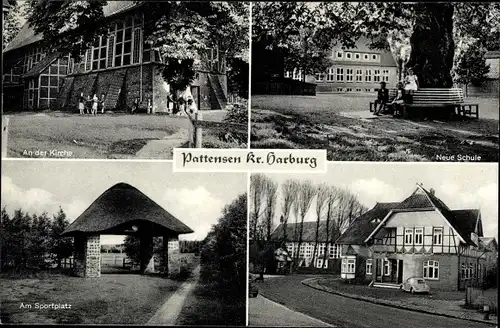 Ak Pattensen in Niedersachsen, Neue Schule, Kirche, Sportplatz, Ortspartie